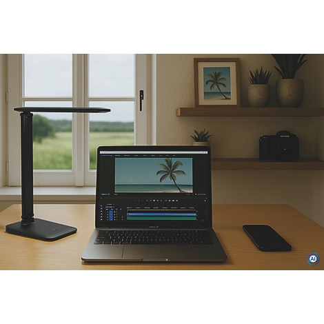 Gros plan d'une lampe de bureau LED noire avec une lumière blanche chaude allumée. Le luminaire est oblong et angulaire.