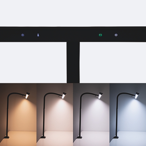 Lampe de bureau noire avec pince et panneau lumineux horizontal.