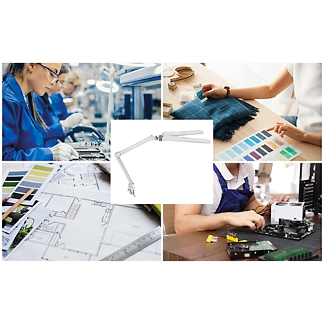 Collage met gereedschap en designelementen. Een bureaulamp staat centraal.