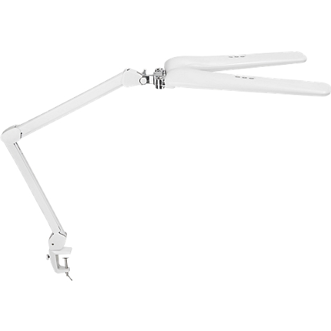 Weiße Schreibtischlampe mit beweglichem Arm und zwei Leuchtelementen. Die Lampe ist an einer Klemme befestigt.