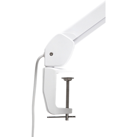 Weiße Schreibtischklemme mit Schraubgewinde, Halterung und Kabel vor weißem Hintergrund.