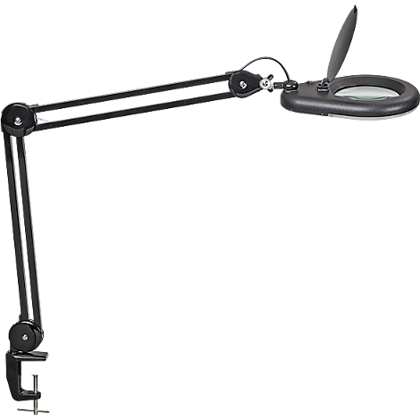 Black magnifying glass with LED lighting and clamp base. The swivel arm and magnifying glass head are attached to a table.