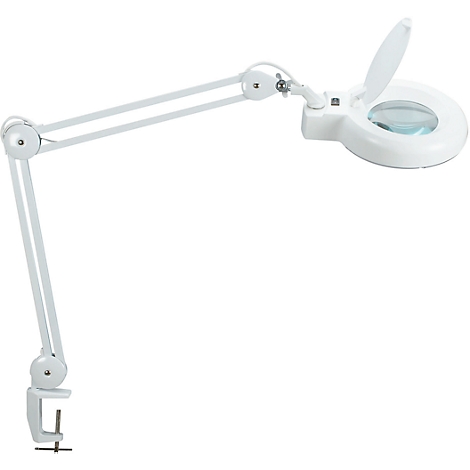 White magnifying lamp, with swivel arm and bracket, magnifying glass open.