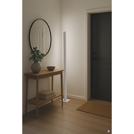 Flur mit Holzkommode, Spiegel, Vase mit Grünzeug, Stehlampe und Tür.