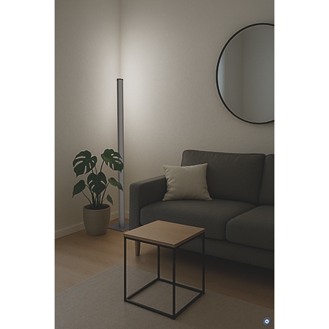 Minimalistisch eingerichtetes Wohnzimmer mit Sofa, Tisch, Lampe, Pflanze und Spiegel.