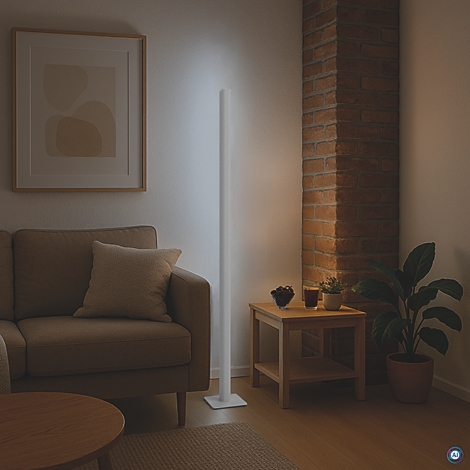 Eine helle Stehlampe steht in einem gemütlichen Wohnzimmer. Daneben ein Sofa, ein Tisch und eine Backsteinmauer.