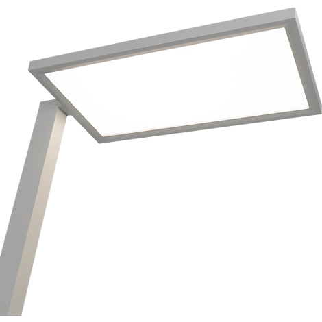Moderne, flache LED-Schreibtischleuchte mit weißem Rahmen und leuchtender rechteckiger Fläche.