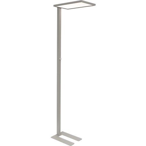 Moderne, minimalistische Stehleuchte in Grau mit rechteckigem Leuchtkopf vor hellem Hintergrund.