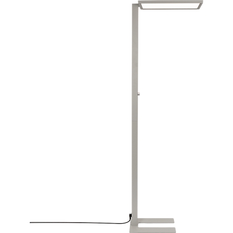 Moderne, minimalistische Stehleuchte mit schlankem, grauem Gestell und flachem, rechteckigem LED-Leuchtkopf.