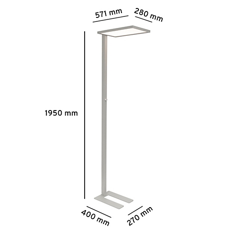 Moderne Stehleuchte mit Maßangaben in Zentimetern.