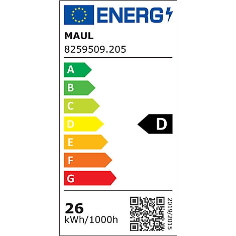 EU-Energielabel für MAUL Modell 8259509.205 mit Energieeffizienzklasse D und einem Verbrauch von 26 kWh pro 1000 Stunden.
