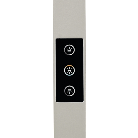 Nahaufnahme eines vertikalen, schwarzen Bedienfelds mit drei beleuchteten Touch-Symbolen zur Lichtsteuerung.