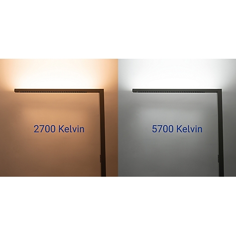 Vergleich zweier Lichtfarben einer LED-Leuchte: links warmes Licht mit 2700 Kelvin, rechts kühles Licht mit 5700 Kelvin.