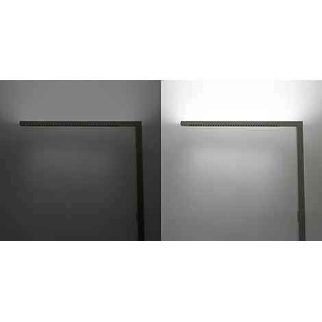 Weiße LED-Leiste mit Sensorik und drei ovalen Lichtquellen vor weißem Hintergrund.