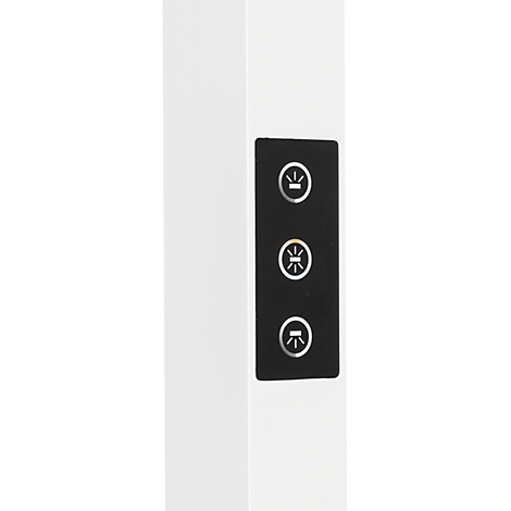 Detailansicht eines weißen Leuchten-Elements mit vertikalem, schwarzem Touch-Bedienfeld und drei beleuchteten Symbolen.