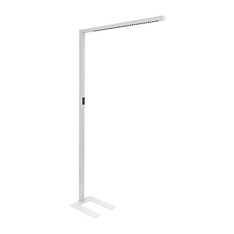 Minimalistische, weiße LED-Stehleuchte mit schlankem Rahmen und quadratischem Standfuß vor weißem Hintergrund.