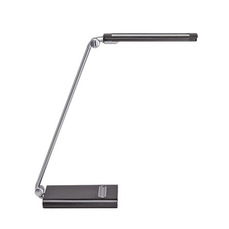 Dark gray metal desk lamp with adjustable arm and rectangular light head. It is standing on a rectangular base.