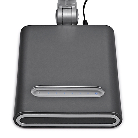 Dark gray, rectangular base with silver trim and a series of blue lights. A joint with cable is attached at the top.