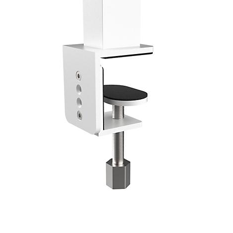 Witte tafelklem voor het monteren van een monitorarm met een zwart beschermend kussentje.