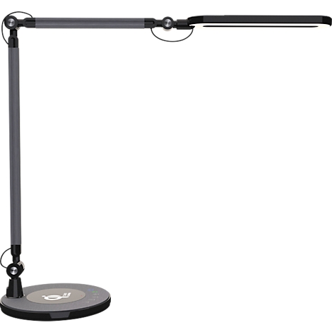 Schwarze, moderne LED-Schreibtischleuchte mit verstellbarem Gelenkarm und flachem Standfuß.