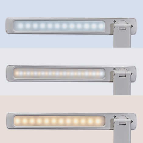 Schreibtischlampe, weiß, modern, mit verstellbarem Arm und flachem Lampenkopf auf rechteckigem Fuß.