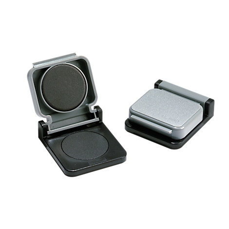 Two square make-up containers, one open, one closed. Open with a round, closed with a square content.