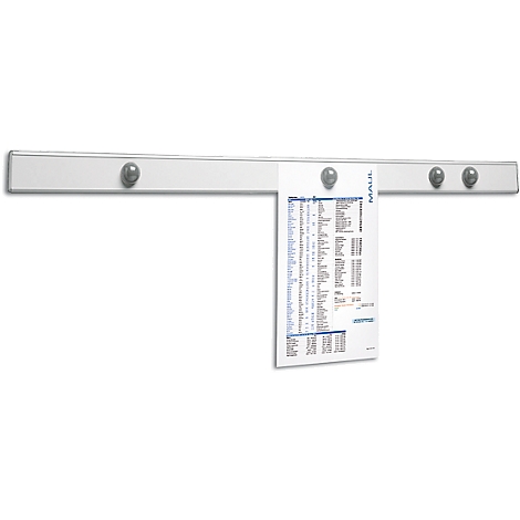 White wall coat rack with silver buttons. A document is attached with a button.