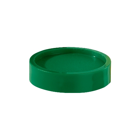 Green, round plastic lid with a raised edge and smooth surface.
