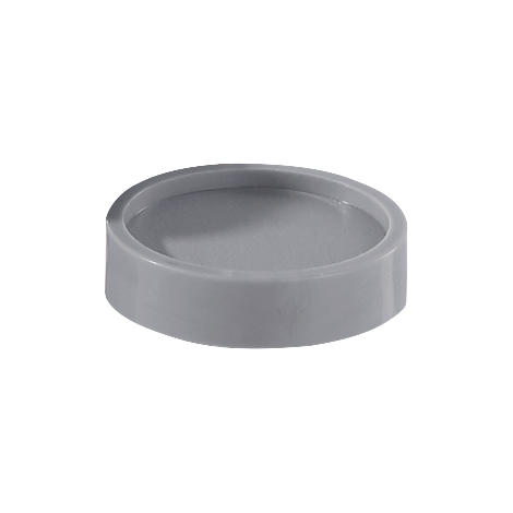 Grey, round plastic saucer.