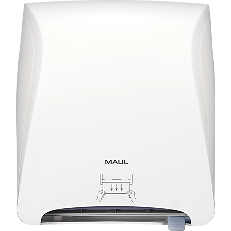 Distributeur d'essuie-mains en papier blanc avec logo MAUL et mode d'emploi.