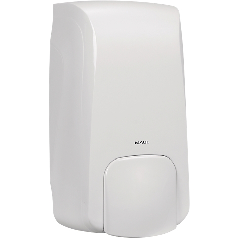 Distributeur de savon blanc avec l'inscription "MAUL". La forme rectangulaire a un dessus légèrement arrondi et une zone de distribution rectangulaire.