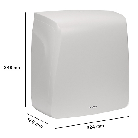 Un sèche-mains blanc et angulaire avec mesures : 348 mm de haut, 160 mm de large, 324 mm de long. Inscription : MAUL.