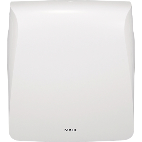 Weißer Händetrockner mit abgerundeten Kanten. Auf der Vorderseite steht „MAUL“.