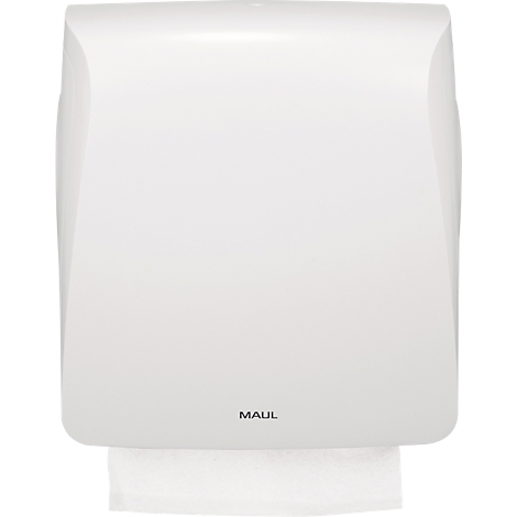 Weißer Papierhandtuchspender mit MAUL-Logo. Papier wird unten herausgezogen.