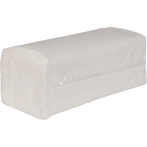 Ein rechteckiges Paket weißer Papiertücher in transparenter Folie.