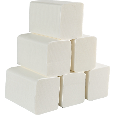 Sechs weiße Papierhandtücher in Blöcken gestapelt.