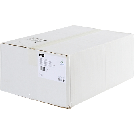 Großer, weißer Karton mit Aufkleber. Der Karton ist leicht schräg abgebildet.