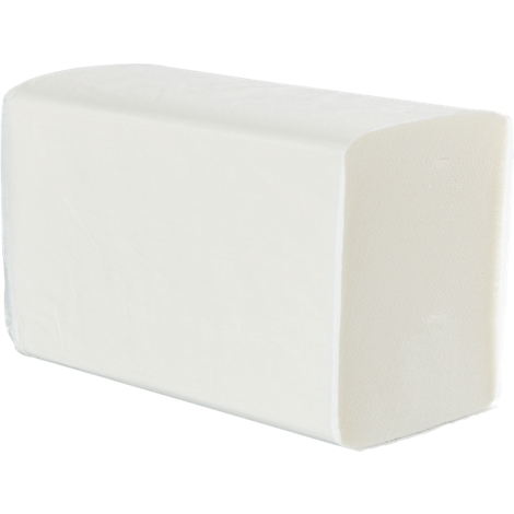 Een rechthoekige stapel witte papieren handdoeken met afgeronde hoeken. De stapel ligt op een witte achtergrond.
