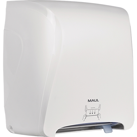 Witte papieren handdoekdispenser met MAUL-logo en handsymbool. De blauwe hendel is om te doseren.