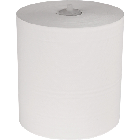 Zylinderförmige Papierrolle, weiß, mit Plastikteil in der Mitte.