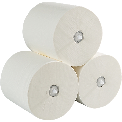 Drei Papierrollen, weiß, übereinander angeordnet. Die Enden zeigen eine Kernöffnung.