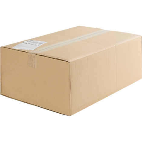 Brauner Pappkarton mit Klebeband und Aufkleber.