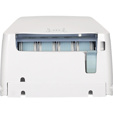 Weißes Gerät, dessen Inneres Papierrollen in Blau zeigt. Rechts ein hellblaues Element.