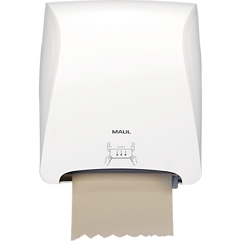 Weißer MAUL-Handtuchspender mit braunem Papiertuch. Unterhalb der Öffnung befinden sich Piktogramme zur Entnahme.