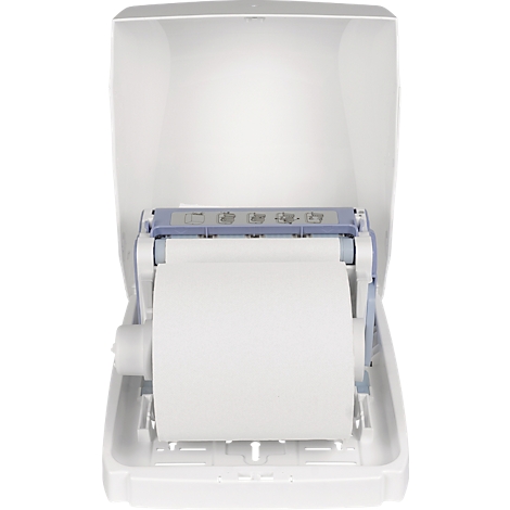 Weißer Papierhandtuchspender, geöffnet, zeigt eine Rolle Papier. Im Deckel Symbole.