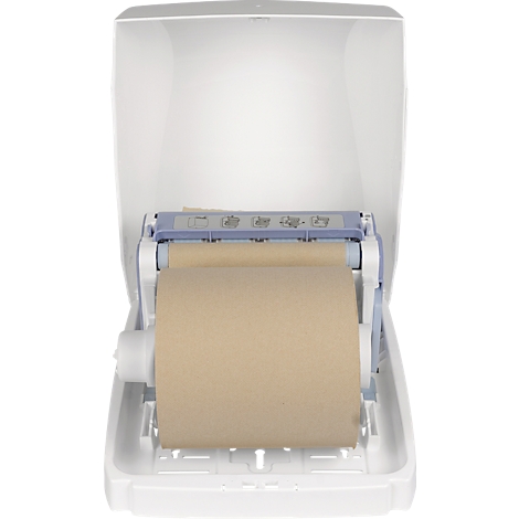 Weißer Papierhandtuchspender mit brauner Papierrolle. Oben befindet sich eine Klappe, darunter ein Spender für Papierhandtücher.