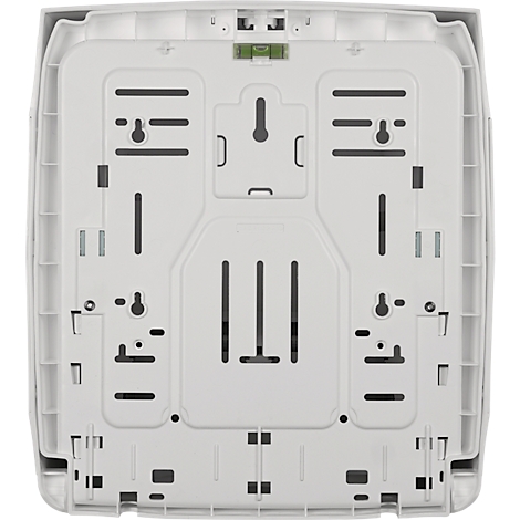 Rückseite eines rechteckigen, weißen Geräts mit diversen Aussparungen und Halterungen.