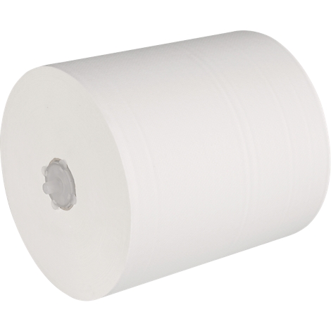 Un grand rouleau de papier essuie-tout blanc est incliné. Une ouverture est visible au milieu du rouleau.