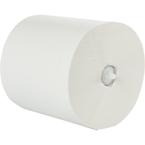 Un grand rouleau d'essuie-tout blanc est incliné, son cœur interne visible.