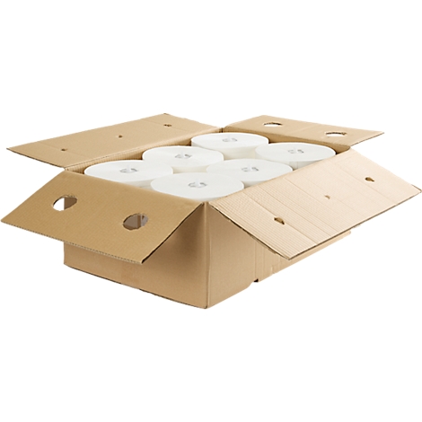 Boîte en carton contenant des rouleaux de papier blancs. La boîte est ouverte et les rouleaux sont bien rangés à l'intérieur.